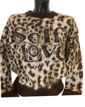 Maglione maculato da donna con scritta “Self Love” e dettagli con strass – Baldini Abbigliamento